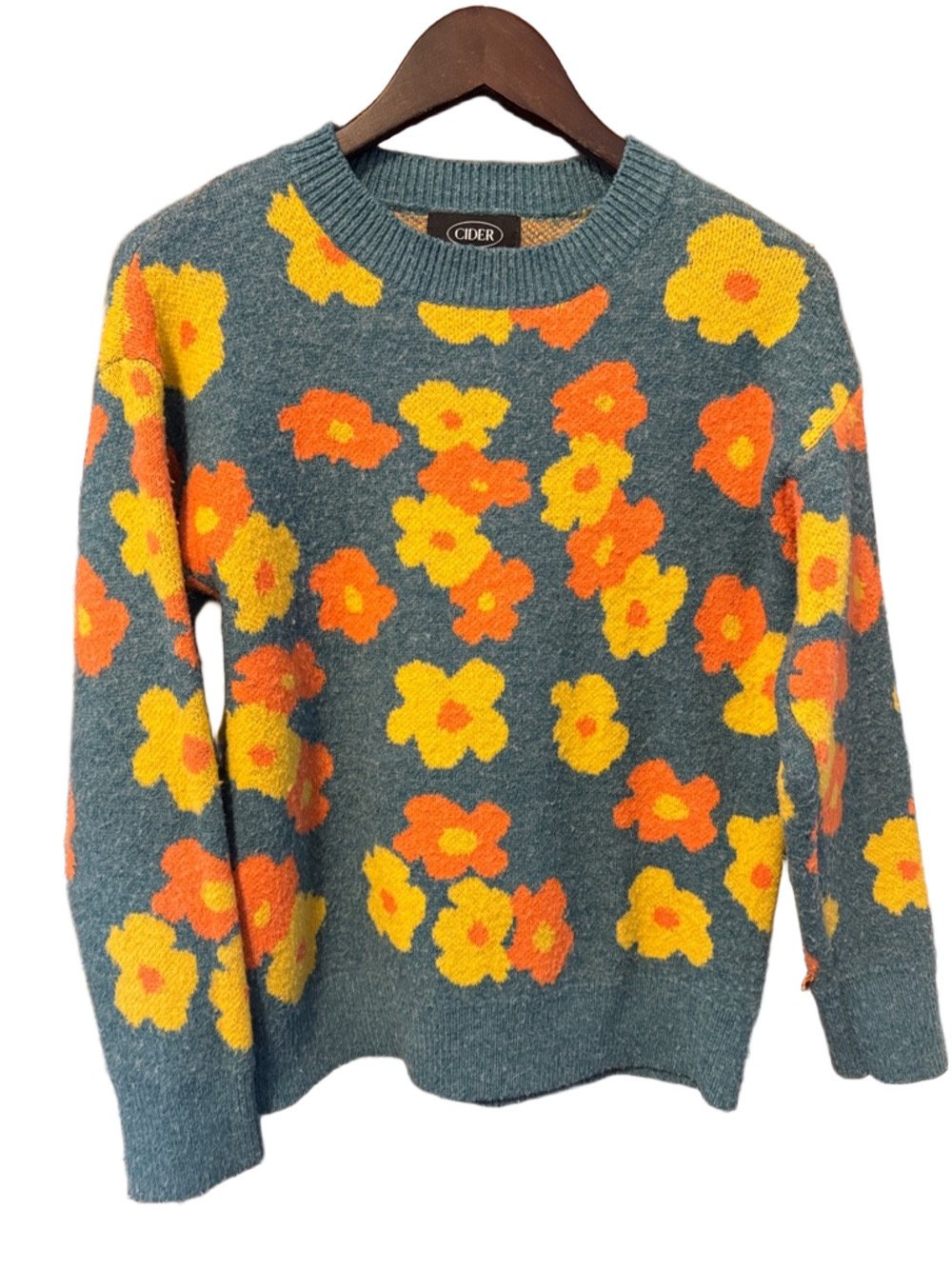 Cider Women's Teal Sweater with Orange and Yellow Floral Pattern Size M - Picture 2 of 5